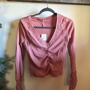 Free People Dusty Rose Long Sleeve Top with Lace Detail